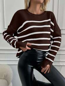 EURMUSE Women's Striped Loose Fit Dropped Shoulder Long Sleeve Casual Sweater,Jumper,Cream Jumper,Jumpers,Black Jumper,Womens Jumper,White Jumper,Women's Jumper,Women's Jumpers,Winter Clothes - Brown - View 5