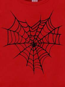 SHEIN 2pcs Toddler Boys' Casual Spider Web Print Short Sleeve T-Shirt And Shorts Set Spider Graphic Tee Halloween Baby Boy Clothes Baby Boy Spider Outfit Toddler Graphic Tshirts Infant Graphic Tees