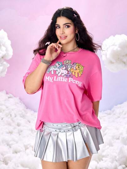 My Little Pony X SHEIN Plus Size Women's Casual Cute Pegasus & Slogan Print Loose Fit T-Shirt, Suitable For Summer Daily Wear Graphic Tee Pink T-Shirt Kawaii Shirt Plus Size Graphic Tees