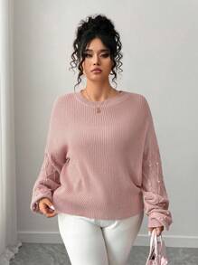 Elenzga Plus Size Women's Beaded Crew Neck Sweater Winter Fall Autumn - Pink - View 4