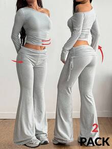 Coolane 2 件套女士灰色针织不对称领上衣和喇叭裤套装 - 灰色 - 查看 2