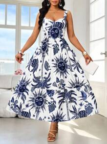 SHEIN Lady Suspender Dress Print Sundress Blue & White Graphic Print Cinched Waist Backless Strap Dress, Casual Vacation Style Wedding Guest Dress Women Vacation Outfits Woman Beach Outfits For Woman Business Casual Woman Birthday Dresses For Women Festival Graduation Dress African Woman Clothing Women Dresses Summer Tropical Dresses For Women Birthday&Event Dresses /Office Dresses /Church Dresses/Wedding Dresses /Holiday Dresses /4th Of July Dress