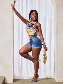 SHEIN Unity Women's Vintage Super Low Waist Super Short Denim Shorts - Blue - View 6