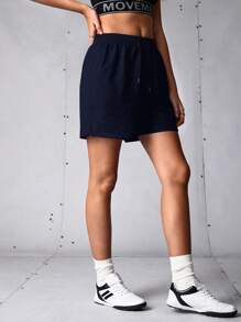 SHEIN Sports 休闲纯色抽绳腰宽松运动短裤 - 寶藍色 - 查看 4