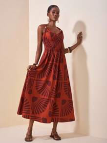 Zivah 2025 春夏新款音乐节、复活节、圣帕特里克节、西部风、游牧风、生日派对、毕业典礼、学院风、学生装、日常休闲、基础百搭、休闲、邮轮旅行、海滩、日光浴、网络热卖、街头服饰、婚礼宾客波西米亚风、通勤、早午餐、机场、细肩带 V 领无袖木质纽扣装饰褶饰腰部 Y2K 复古做旧假日印花长裙 - 彩色 - 查看 4