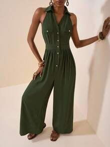 Zivah 2025夏季新品，适合生日派对，返校风，校园风，日常穿着，休闲装，度假装，邮轮旅行，海滩装，日光浴装，街头装，优雅装，通勤装，商务休闲装，衬衫领，半开腿，纽扣可打开，有口袋，腰部收紧阔腿裤，橄榄绿，夏季阔腿裤，女式连体裤 - 橄欖綠 - 查看 6