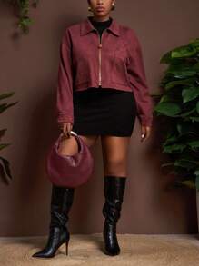 Veslaya Hàng mới về đầu thu, thanh lịch và thoải mái cho trang phục hàng ngày, áo khoác ngắn cổ sơ mi màu đỏ gỉ sét dáng rộng có khóa kéo, cỡ lớn dành cho nữ - Thu Đông - Rỉ Nâu - Xem 6