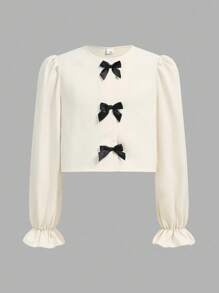 Girlism 青少年女孩休闲时尚圆领荷叶边泡泡袖纽扣上衣和长裤套装 - 杏色 - 查看 4