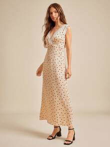 WESTFADE 波尔卡圆点缎面蕾丝 V 领修身无袖长裙秋季返校服装乡村音乐会服装 - 杏色 - 查看 5