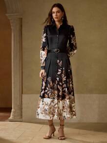 MOTF PREMIUM 花卉印花腰带连衣裙 - 黑色 - 查看 4