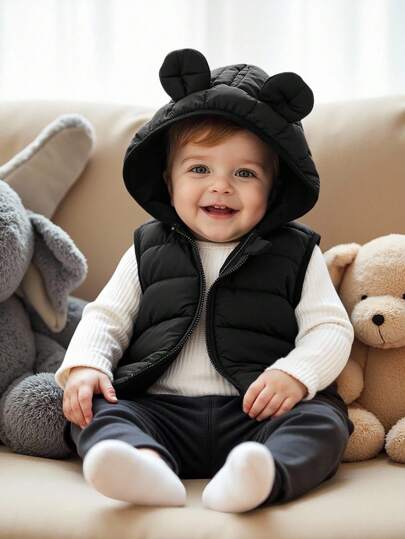 SHEIN Baby Boy Cotton Padded Vest With Hood And Ear Design, Black Color, Casual Style For Outings, Home Leisure, And Party Occasions, Suitable For Winter Hooded Baby Vest Baby Boy Winter Vest Toddler Vest Baby Boy Vest Baby Vest With Hood Black Baby Vest Baby Bear Vest Fall