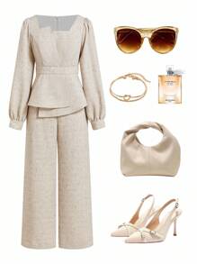 SHEIN Ellevyn 女士方领不对称下摆亚麻质感长袖上衣和直筒裤两件套，收腰显瘦，优雅休闲，适合春夏秋季穿着。 - 卡其色 - 查看 1