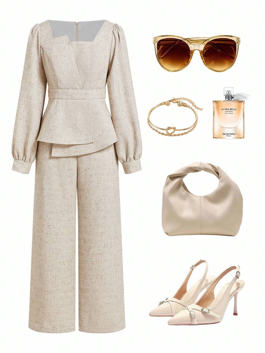 SHEIN Ellevyn 女士方领不对称下摆亚麻质感长袖上衣和直筒裤两件套，收腰显瘦，优雅休闲，适合春夏秋季穿着。 - 卡其色 - 查看 1