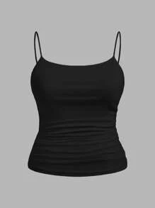 SHEIN EZwear 3pcs Black Plus Size Women's Ruched Side Sleeveless Camisole Tops, Suitable For Summer - Black - View 3