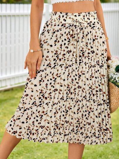 KARISMINA Damen plissierter Lässig Rock mit Allover-Muster und Papiertüten-Taille