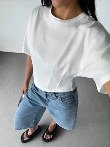 EURMUSE Women, Autumn, Spring, Short Sleeve, Round Neck, Dart Stitch, White, - White - View 7