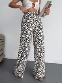 EURMUSE Damen, Frühling, Sommer, Retro-Allover-Muster, Crinkle-Stoff, Muster, lange Länge, Gummibund, Hose