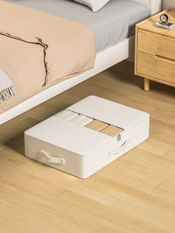 1PC Beige Clothing Storage Bag, Quilt Storage Bag, Under Bed Storage Bag, Fully Utilizing The Space Under The Bed, Cabinet Top Storage Bag, Easily Solving Storage Problems, Toy Storage Bag, Multifunctional Storage, Thick Fabric, Double Zipper, With Window, Foldable Storage