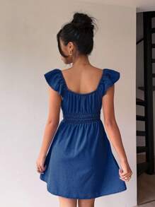 Aloruh 女士牛仔迷你连衣裙，休闲修身，蓝色 - 中等水洗藍 - 查看 2