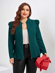 SHEIN Clasi Áo khoác thời trang tay dài màu trơn có khóa kéo phía trước cỡ lớn cho nữ vào mùa thu/đông - Màu xanh lá cây đậm - Xem 4