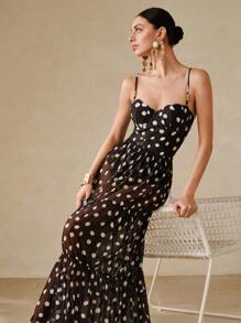 Swim Oasis 全新性感紧身黑白波尔卡圆点印花细肩带聚拢钢圈连体衣，度假海滩短款上衣和短裙两件套 - 黑與白 - 查看 3