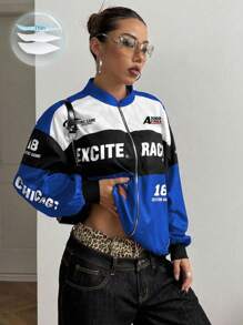 SHEIN PETITE Letter Print Contrast Color Drop Shoulder Bomber Jacket For New Year Clothes Fall Winter Cloth For Women - Blue - View 3