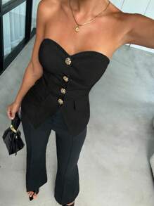 Lavishia Women's Fashionable Elegant Fitted Floral Button Camisole Top - Black - View 4