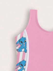 SHEIN GraphicGems Young Girl Summer Beach Resort Cartoon Rabbit & Striped Print One-Piece Swimsuit - Multicolor - View 3