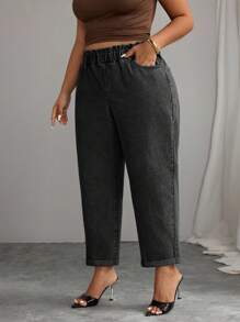 Elenzga Plus Size Simple Solid Color Casual Denim Jeans, Everyday Wear - Dark Grey - View 1