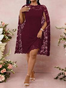 Cravure Women's Plus Size Round Neck Slit Long Sleeve Cape Loose Fit Lace Dress Summer Women Outfit Spring Dress Elegant Lace Dress Wedding Women Dress Romantic Dress Wedding Guest Business Casual Dress - Burgundy - View 3