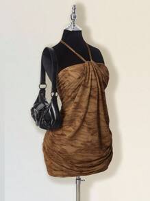 SHEIN ICON Summer Vintage Wild Street Tiger Print Halter Bodycon Backless Vacation Style Ruched Waist Layered Mini Dress - Multicolor - View 5