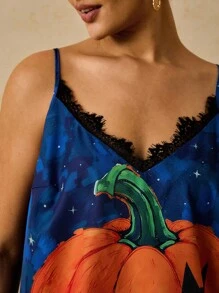 SHEIN VCAY 大码女式秋季万圣节南瓜和黑猫印花蕾丝 V 领宽松吊带背心，休闲假日 - 彩色 - 查看 7