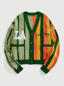 ROMWE MEN Prep Men's Colorful Striped Knit Sweater Cardigan, Retro College Style , Fall Winter - Multicolor - View 1