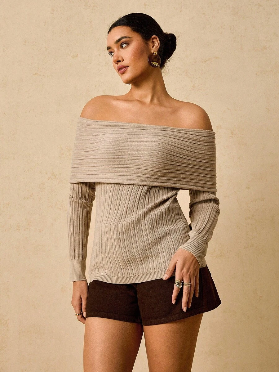 SHEIN VCAY Modny sweter damski z odkrytymi ramionami i długim rękawem w jednolitym kolorze