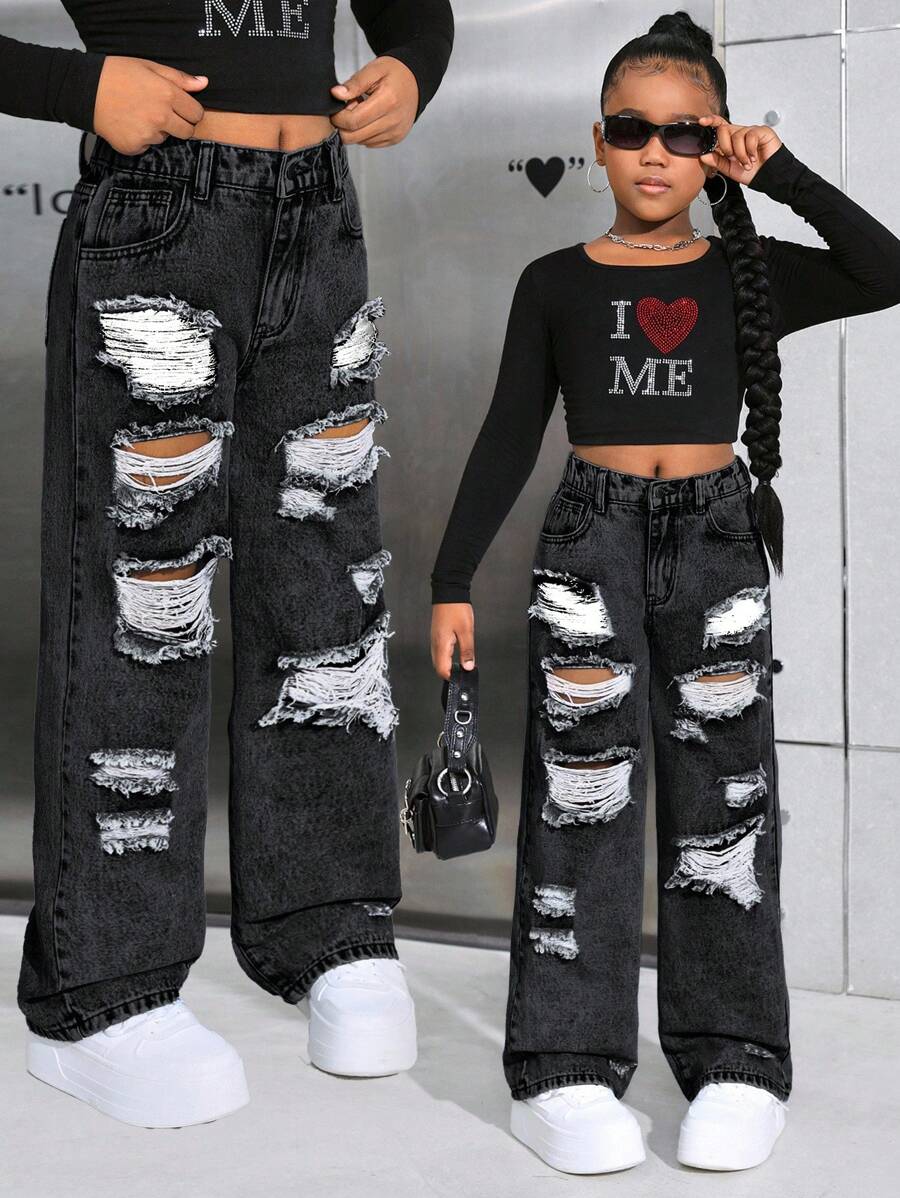SHEIN Tween Girls Y2K 时尚石洗街头风格宽松破洞直筒牛仔裤，女孩秋装套装 - 黑色 - 查看 1