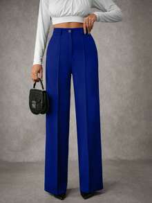 女式纯色褶皱缝线西装裤 - 寶藍色 - 查看 3