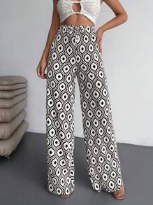 EURMUSE Damen, Frühling, Sommer, Retro-Allover-Muster, Crinkle-Stoff, Muster, lange Länge, Gummibund, Hose