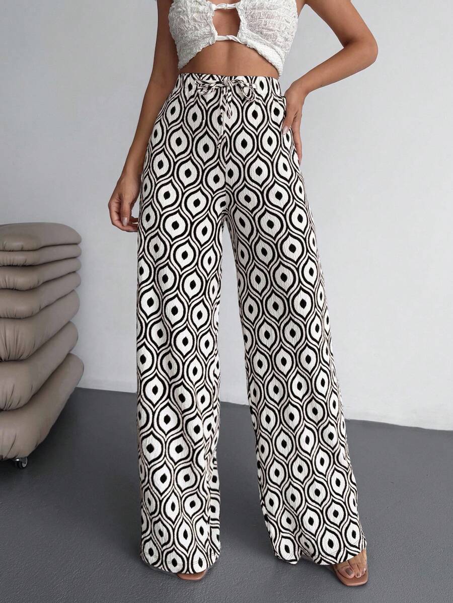 EURMUSE Damen, Frühling, Sommer, Retro-Allover-Muster, Crinkle-Stoff, Muster, lange Länge, Gummibund, Hose