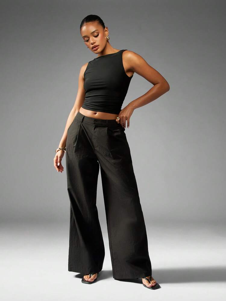 MISSGUIDED Pantalones palazzo de pierna ancha de cintura alta con sensación de lino, elegante vestimenta formal de verano, primavera y otoño, pieza de moda de declaración - Negro - Añade 5