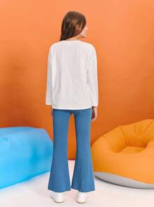 SHEIN Tween Girl Blue And White 2 Pieces Set Loose Drop Shoulder Top&Flare Pants,Brooklyn Letter Print Casual Autumn School Back-To-School Sports Outfit - Blue - View 2