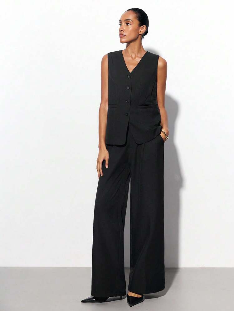 SHEIN Maija 女性用ブラックVネックボタン前開きフィッテッドベストトップと弾性ウエストボタンポケットルーズロングパンツ2点セット、カジュアルビジネスアウトフィット、ハロウィン、ビジネスカジュアル、秋冬の女性オフィスアウトフィットに適しています