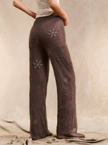 Easelle Quần ống đứng dáng rộng màu nâu họa tiết hạt phong cách Bohemian dành cho nữ, mùa hè - màu nâu - Xem 7