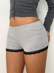 Aloruh Quần short cạp chun phối ren tương phản thường ngày mùa hè dành cho nữ - Màu Xám nhạt - Xem 6