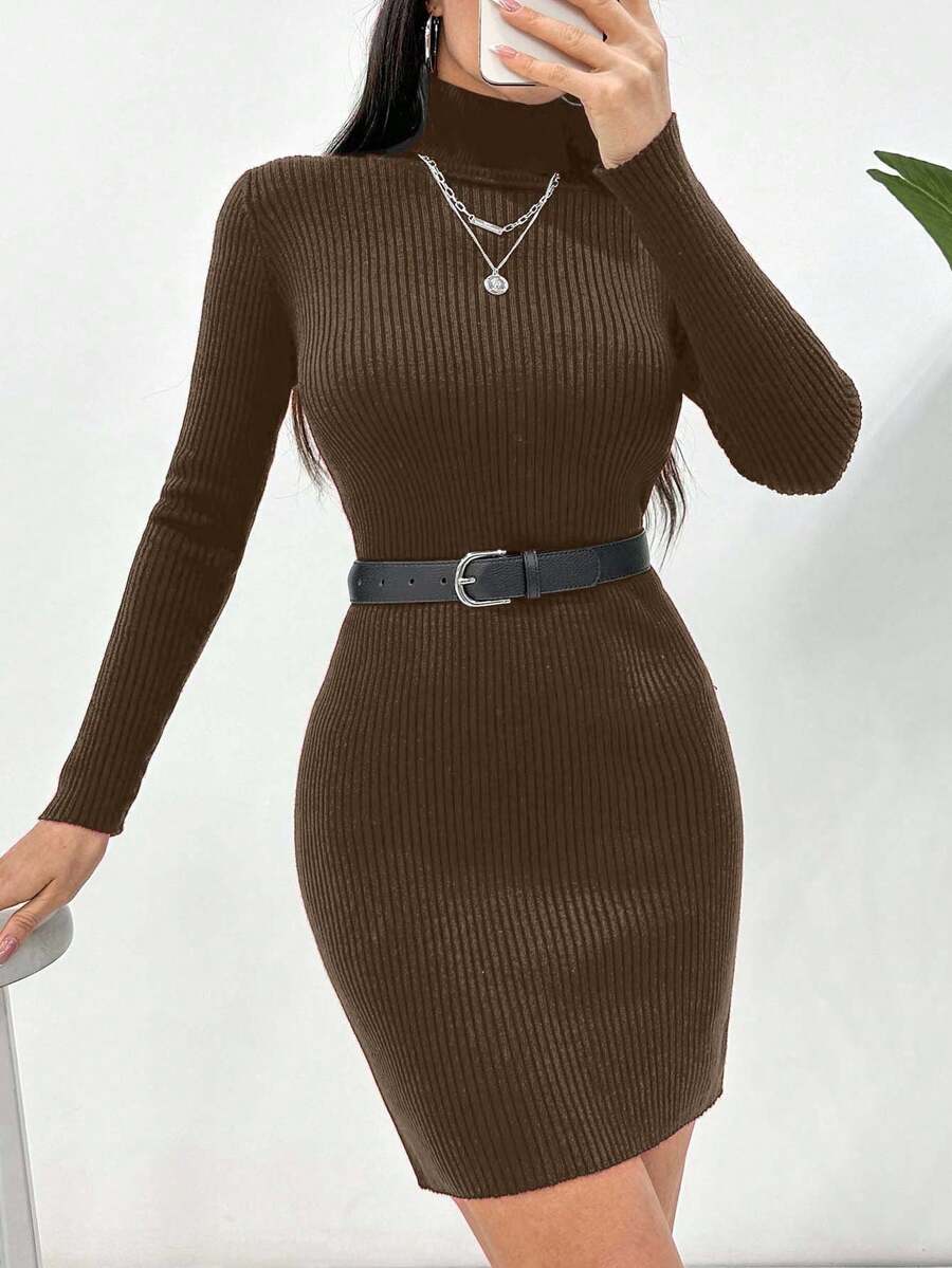 EURMUSE Herbst/Winter Lässig einfarbiges Rollkragen figurbetontes Strickkleid