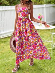 KARISMINA Vestido De Tirantes Con Estampado Floral Y Ajustado A La Cintura Para Mujeres - Rosa Fucsia - Ver 5