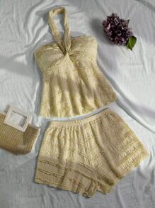 SHEIN Unity 2pcs Women Summer Vacation Textured Halter Top And Shorts Set - Light Yellow - View 4