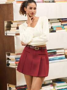 lacRébo Gonna plissettata in vita alta di colore rosso vino con tasche a filetto, gonna adatta per il ritorno a scuola, outfit da insegnante, gonna da ufficio