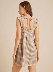 WESTFADE Cotton Blend Gingham Square Neck Ruffle Flutter Sleeve Mini Babydoll Dress Back To School Cute Fall Summer Western Country Concert Outfit - Khaki - View 2