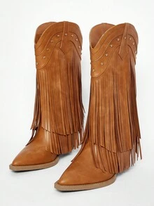 Solezae #BeyonceConcertLook 女士粗跟流苏 PU 棕褐色西部牛仔靴 - 折叠流苏设计，时尚又彰显个性，适合节日、音乐会和所有最大胆的时尚时刻
