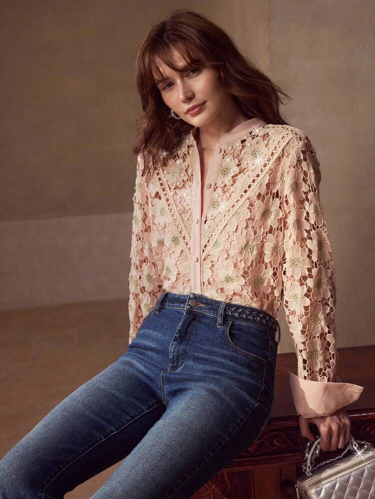 EMBROIDERY FAUX PEARL DECOR BLOUSE